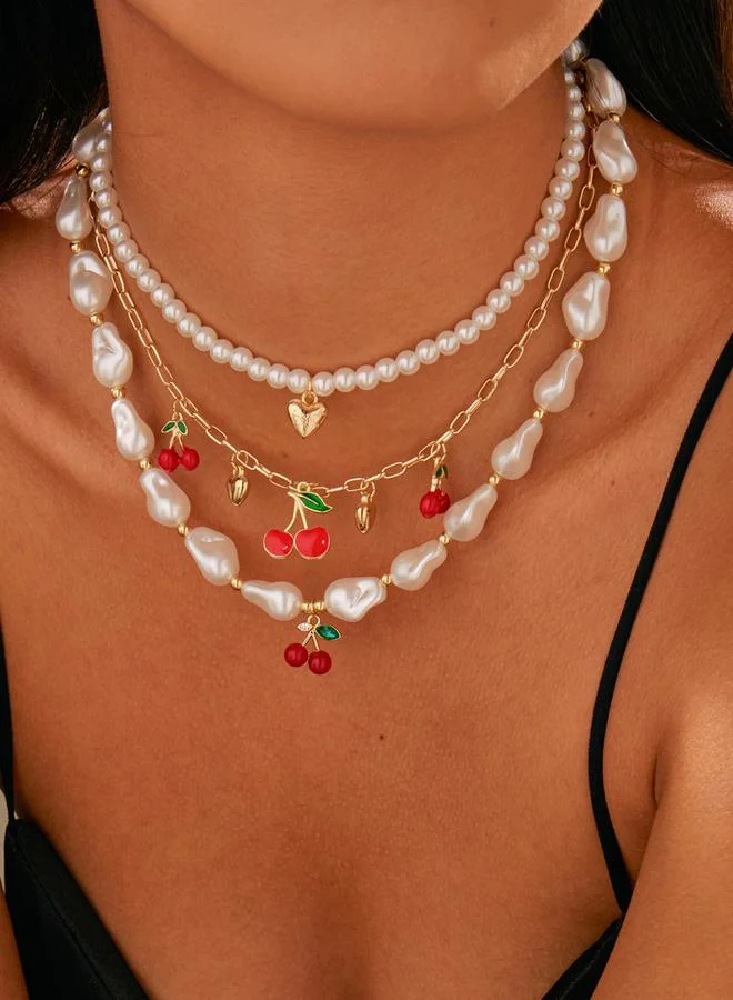 Take Two  Pack of 3 - Pearl Beaded Necklace with Cherry Charms for Women | Best Price UAE